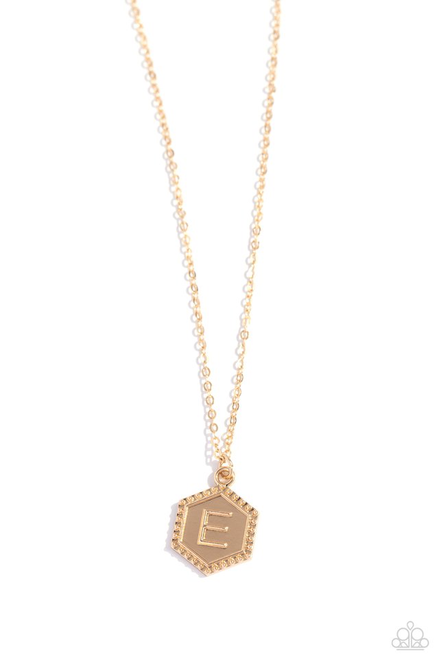 Emblematic Elegance - Gold - E - Paparazzi Necklace Image