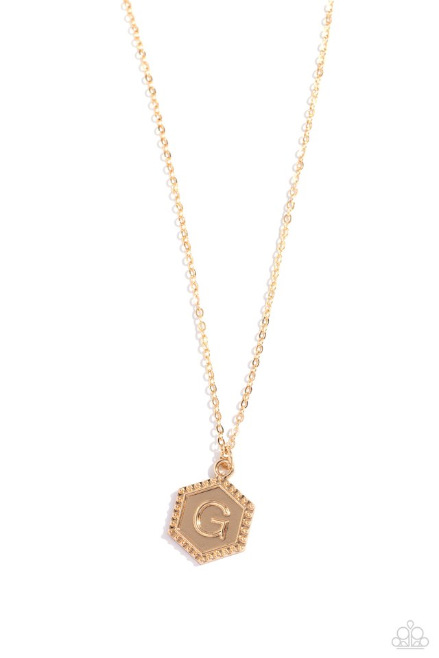 Emblematic Elegance - Gold - G - Paparazzi Necklace Image