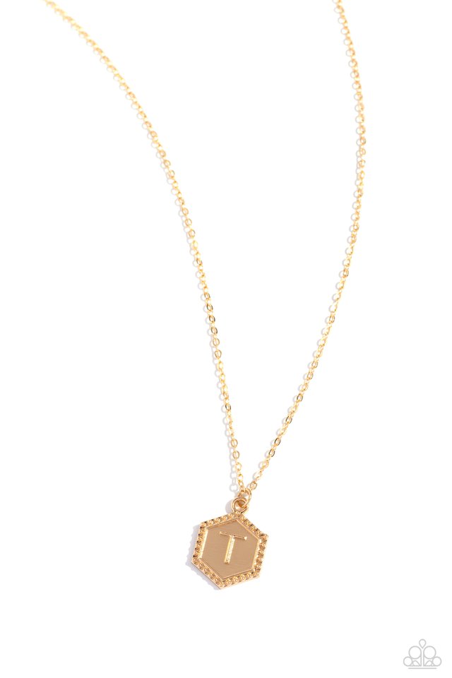 Emblematic Elegance - Gold - T - Paparazzi Necklace Image