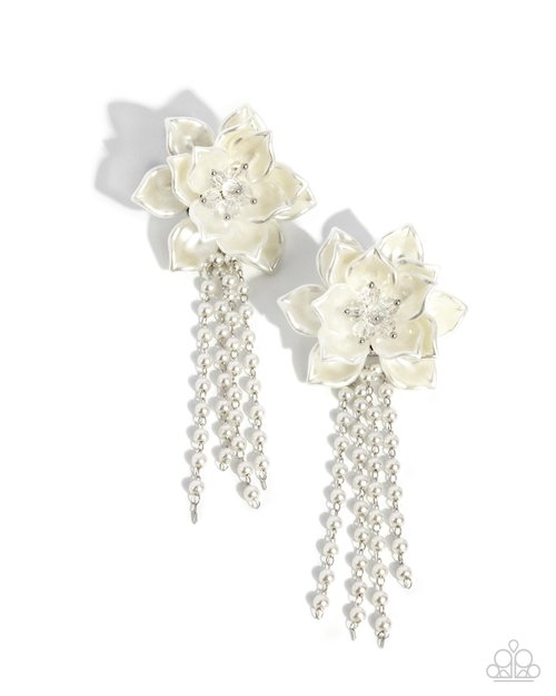 Lotus Length - White - Paparazzi Earring Image